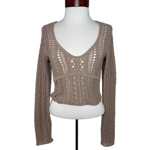 Bershka Crochet Open Knit Long Sleeve Crop Top Medium Boho Festival Scandi Indie